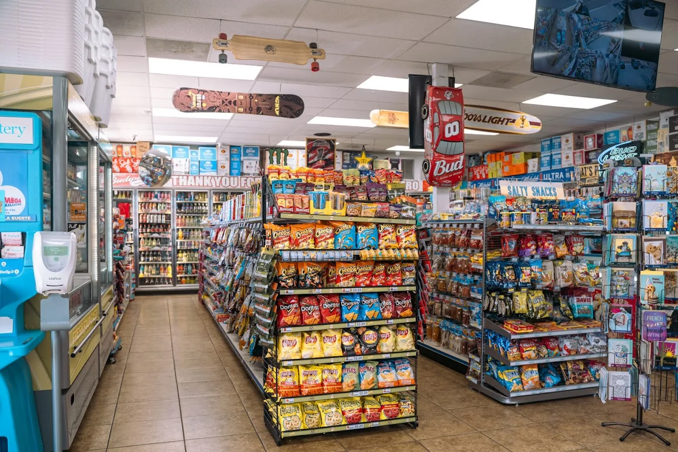 Wide view of the mini mart — candy, chips, snowboard decor